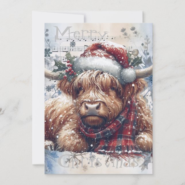 Högland, Cow Vinter Jul - vattenfärg Julkort (Framsida)