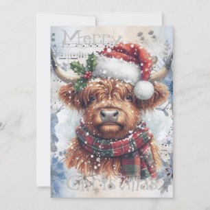 Högland, Cow Vinter Jul - vattenfärg Julkort