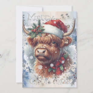 Högland, Cow Vinter Jul - vattenfärg Julkort