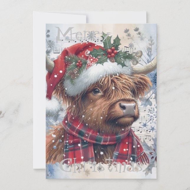 Högland, Cow Vinter Jul - vattenfärg Julkort (Framsida)