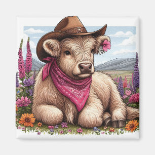 Högland Cow Wearing Hat och Bandana Magnet