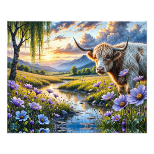 Högland/Longhorn-korsning Ko i blomsterlandskap Fototryck