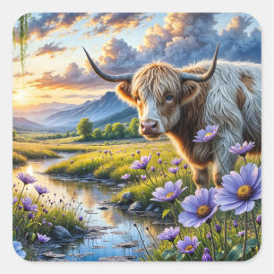 Högland/Longhorn-korsning Ko i blomsterlandskap Fyrkantigt Klistermärke