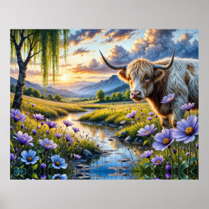 Högland/Longhorn-korsning Ko i blomsterlandskap Poster