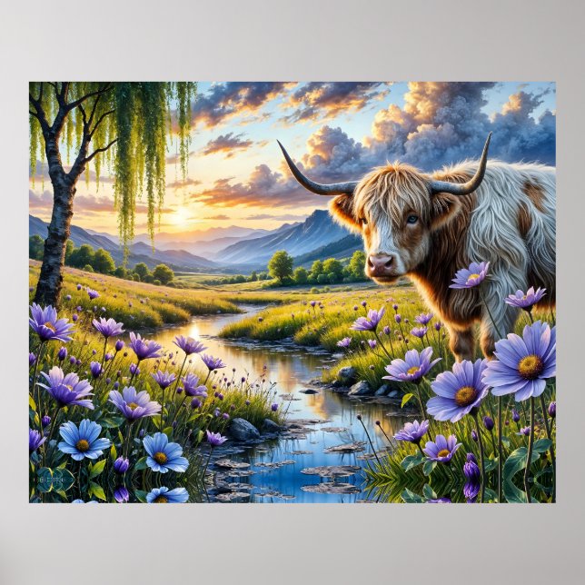 Högland/Longhorn-korsning Ko i blomsterlandskap Poster (Framsidan)