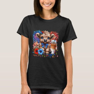 Höglands Ko 4:e Juli Blommig Usa Patriotisk Ko T Shirt