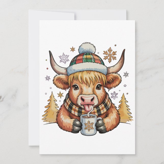 Höglands Ko Jul Fluffig Mysig Söt Guld Jul Julkort (Framsida)