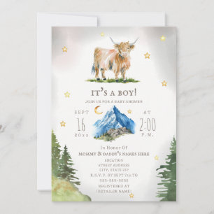 Höglands Ko Måne Stjärnor Berg Bebis Shower Inbjudningar