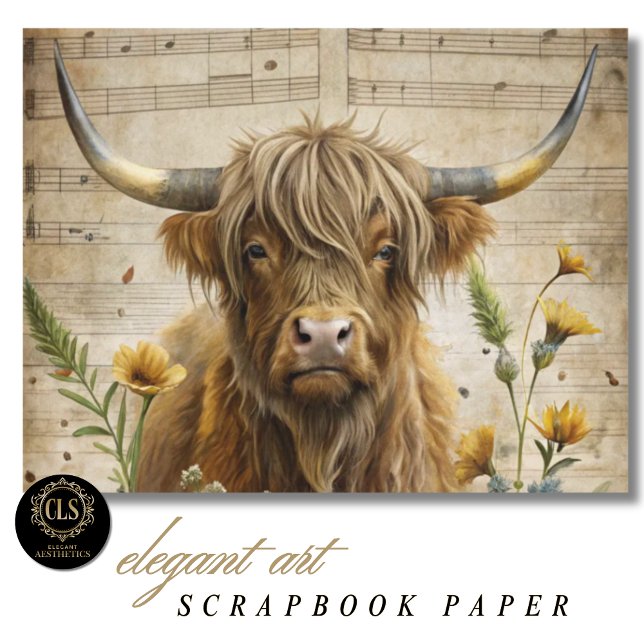 Höglands Ko  och Musiknoter (Scrapbook Paper – Highland Cow Music Notes)