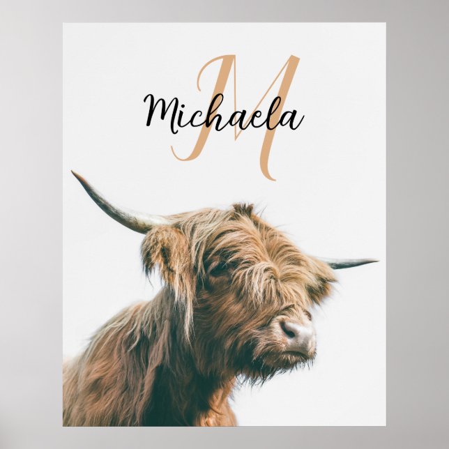 Höglands ko porträtt anpassat namn initial monogra poster (Framsidan)