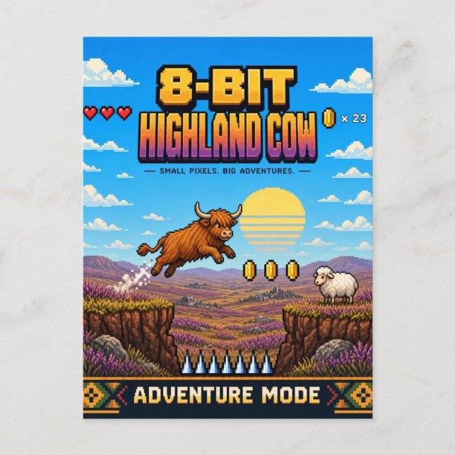 Höglands Ko, Retro 8-Bit Pixel Art Vykort (Framsida)
