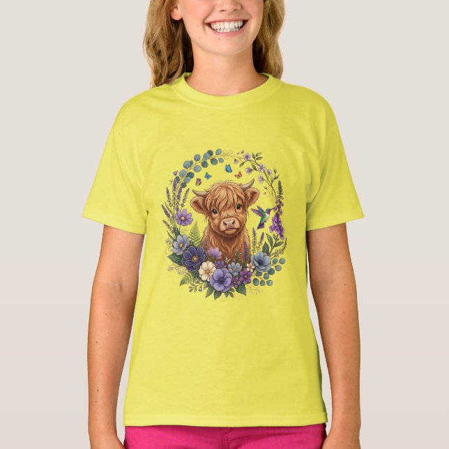 Höglands Ko Vilda Blommor Fjärilar Blommig T Shirt (Framsida)