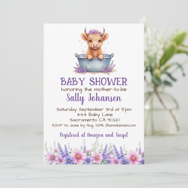 Höglandsboskap Baby Shower Inbjudan Lavendel (Stående Fram)