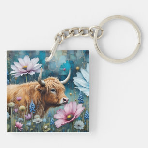 Höglandsgris i färgrik blomstertapet