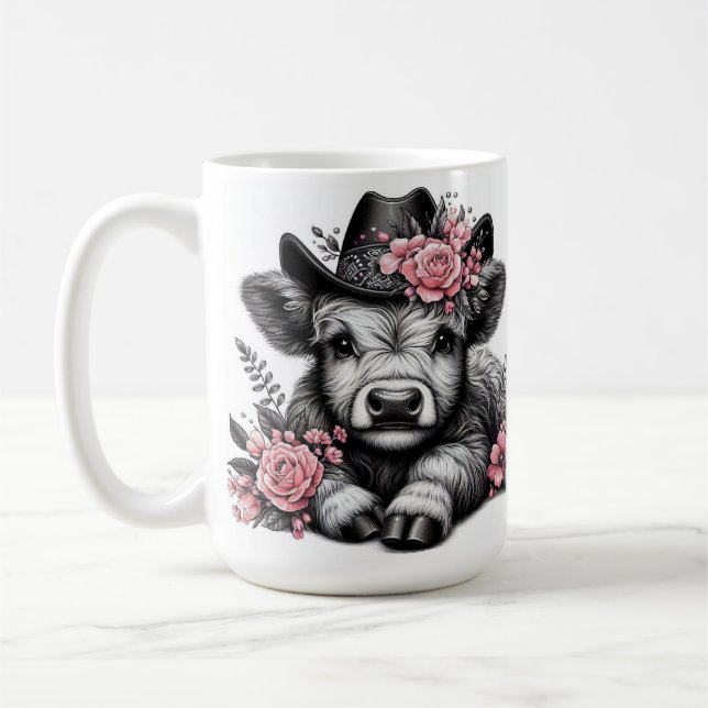 Höglandsgris i hatt med blomsterdekoration kaffemugg (Vänster)