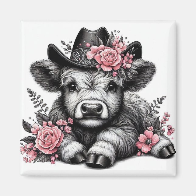 Höglandsgris i hatt med blomsterdekoration magnet (Framsidan)