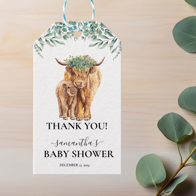 Höglandsgris Kalv Baby Shower Eukalyptus Presentetikett (Skapare uppladdad)