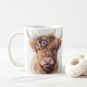 Höglandsgris med blomkrona Vattenfärg Illustration Kaffemugg