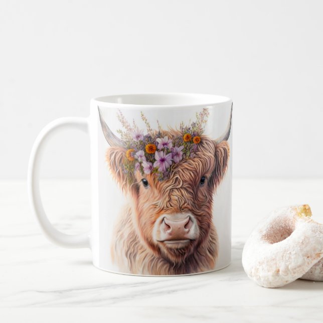 Höglandsgris med blomkrona Vattenfärg Illustration Kaffemugg (Med munk)