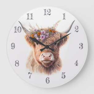 Höglandsgris med blomkrona Vattenfärg Illustration Stor Klocka