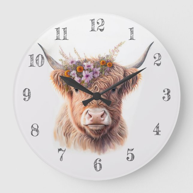 Höglandsgris med blomkrona Vattenfärg Illustration Stor Klocka (Framsida)