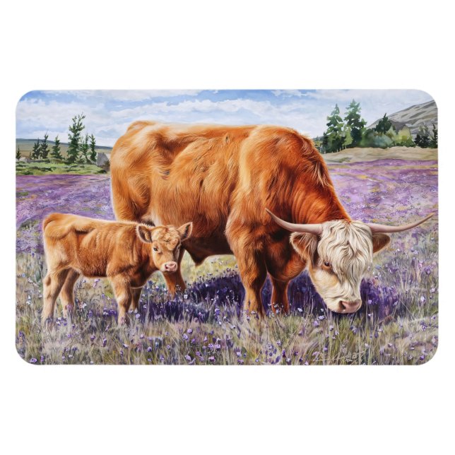 Höglandsgris och Kalv Lila Vilda Blommor Flexibel Magnet (Horisontell)
