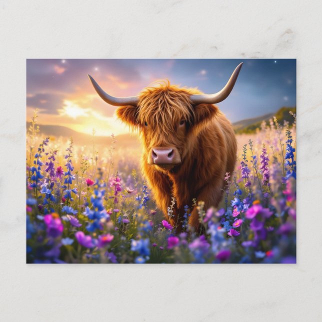 Höglandsjur i en åker med färgglada blommor vykort (Framsida)