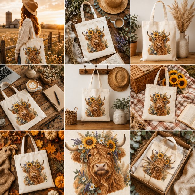 Höglandska Cow Floral Shoppingväska  Tygkasse (Skapare uppladdad)