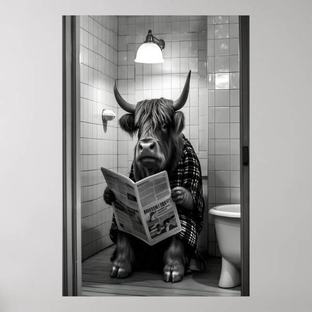 Höglandska Ko Badrumstryck, Roligt Djur som Läser Poster (Framsidan)