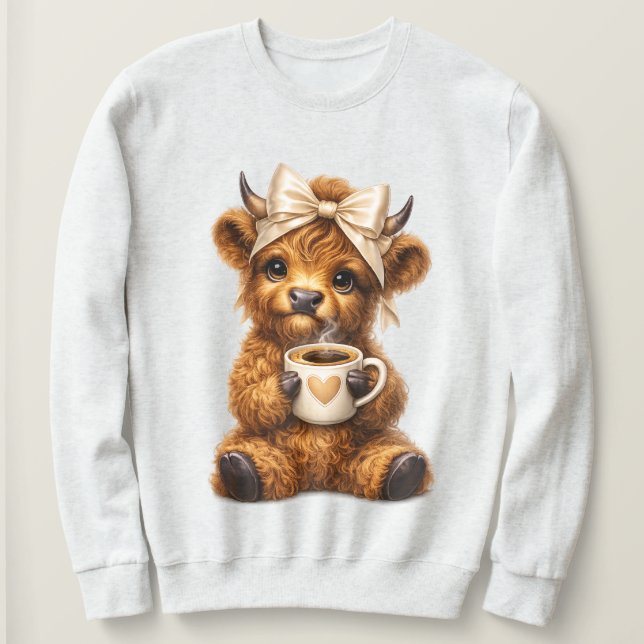 Höglandska ko dricker kaffe med söt leopardbåge —  t shirt (Design framsida)