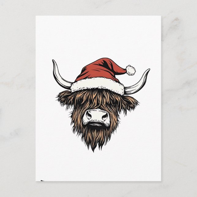 Höglandska Ko Jul Xmas Santa Ullig Gård Inbjudan Vykort (Framsida)