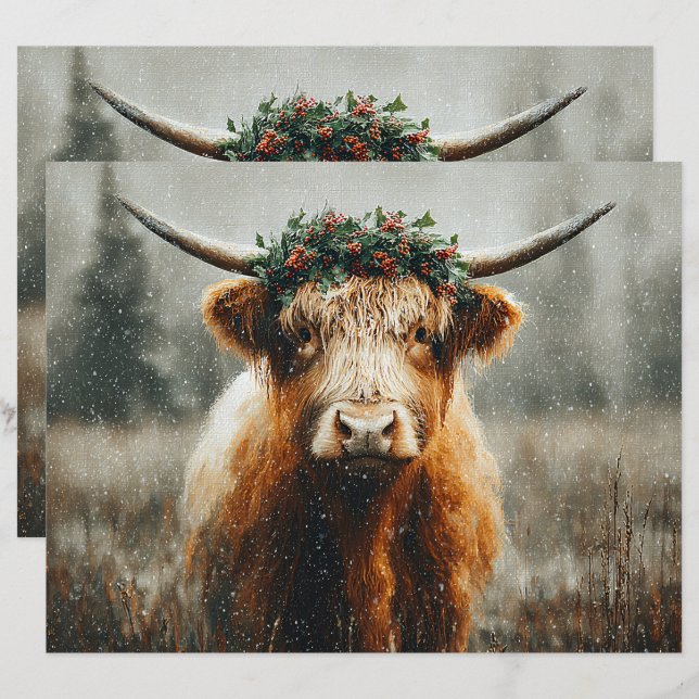 Höglandska ko med julkrans scrapbookpapper (Fram/baksida)
