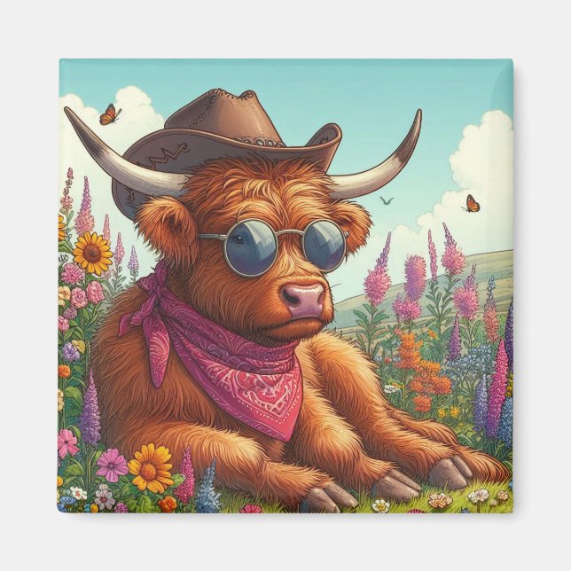 Höglandska ko med solglasögon och cowboyhatt  magnet (Framsidan)