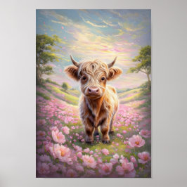 Höglandska ko omgiven av rosablommiga blommor poster