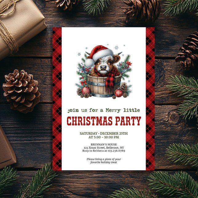 Höglandska ko tallgren julfest inbjudan (Highland cow pine branch Christmas party invite)