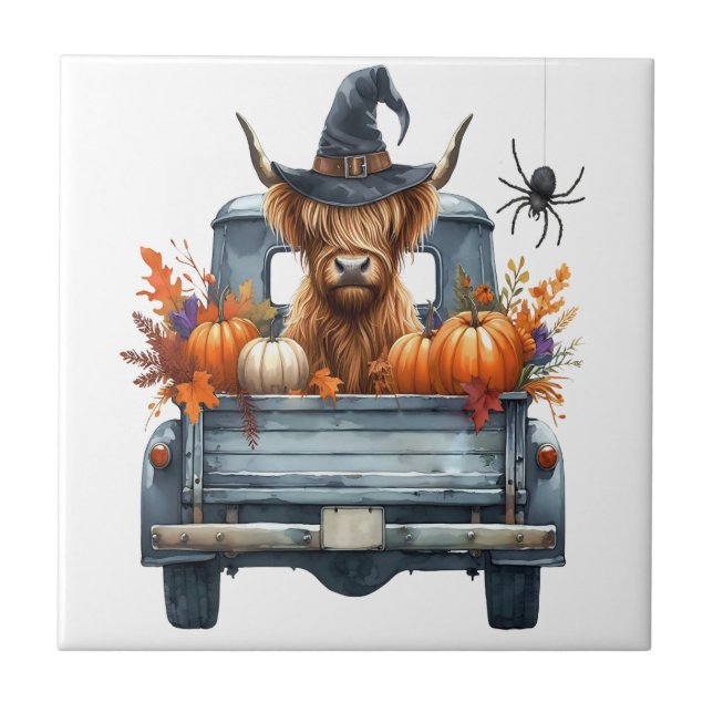 Höglandska kor Halloween höst Kakelplatta (Framsidan)