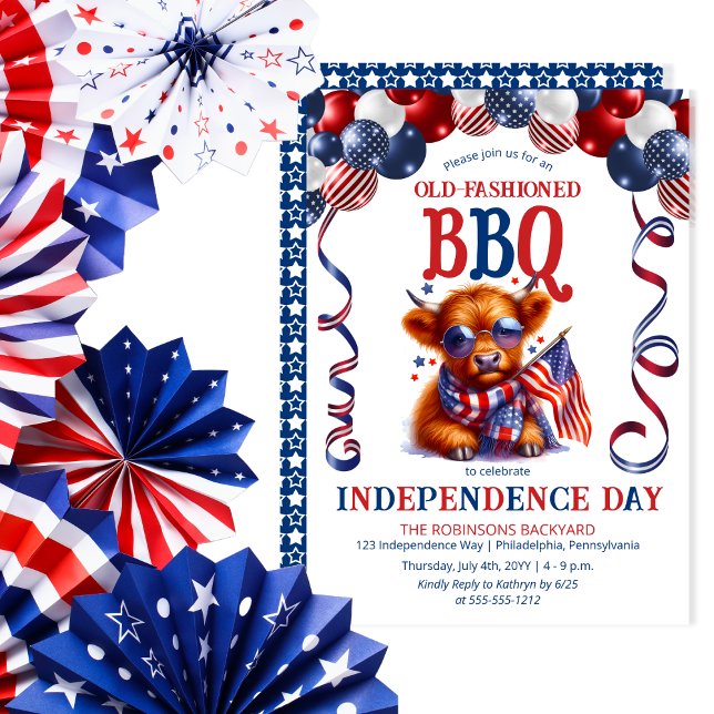 Höglandskål Sunglass Independence day BBQ Party Inbjudningar (Balloon Arch Cute Cool Highland Cow Calf Sporting Sunglasses Independence Day BBQ July 4 Invitation)