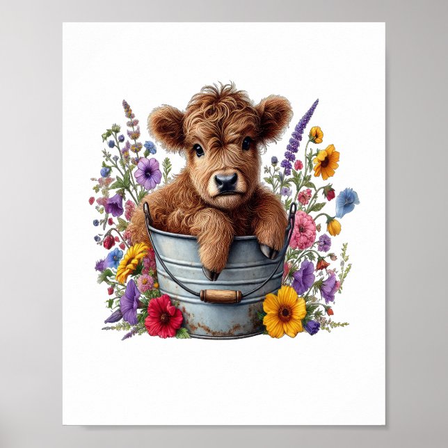 Höglandskö i blomsterbucket, ljus poster (Framsidan)