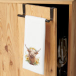 Höglandskö med Gult Solrosblomma Krona Kökshandduk<br><div class="desc">Söt höglandskko,  gult solrosblomma krona,  solblommor på hornhinnan,  blommor och horn,  vattenfärgskonsmålning illustration, vacker skotsk nötranch, vild naturskugga fält,  sommarbonde vår vibe, cowgirl bonde, flowery shaggy ljudeggig sötad</div>