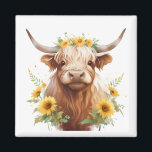 Höglandskö med Gult Solrosblomma Krona Magnet<br><div class="desc">Söt höglandskko,  gult solrosblomma krona,  solblommor på hornhinnan,  blommor och horn,  vattenfärgskonsmålning illustration, vacker skotsk nötranch, vild naturskugga fält,  sommarbonde vår vibe, cowgirl bonde, flowery shaggy ljudeggig sötad</div>