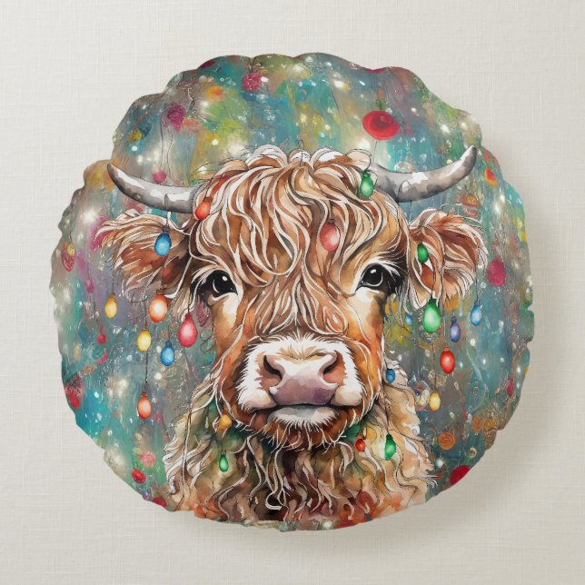 Höglandskö med Ljus Helgdag Teal från jul Rund Kudde (Framsidan)