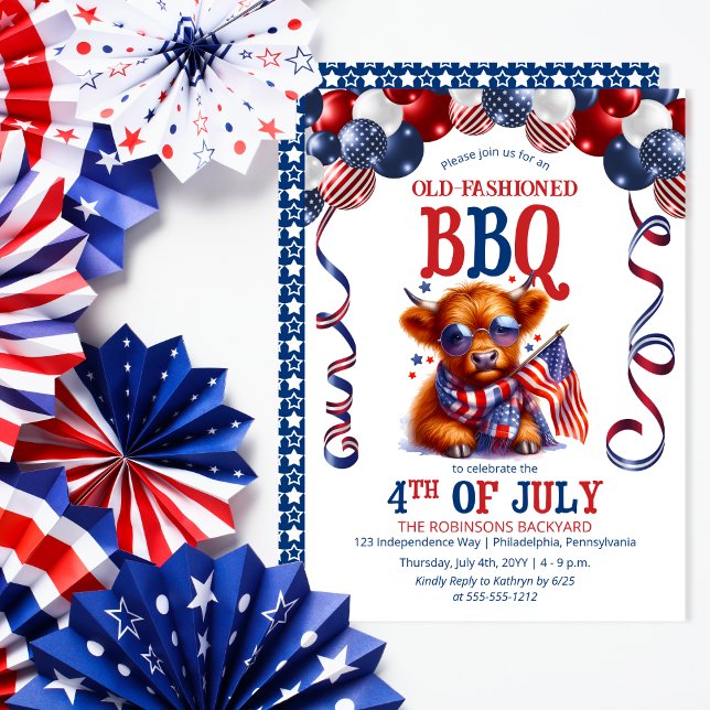 Höglandskö | Solglasögon 4:e juli BBQ Party Inbjudningar (Balloon Arch and Cute Cool Highland Cow Calf Sporting Sunglasses 4th of July BBQ Invitation)