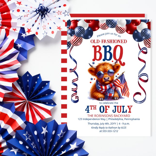 Höglandskö | Solglasögon 4:e juli BBQ Party Inbjudningar (Balloon Arch and Cute Cool Highland Cow Calf Sporting Sunglasses 4th of July BBQ Invitation)