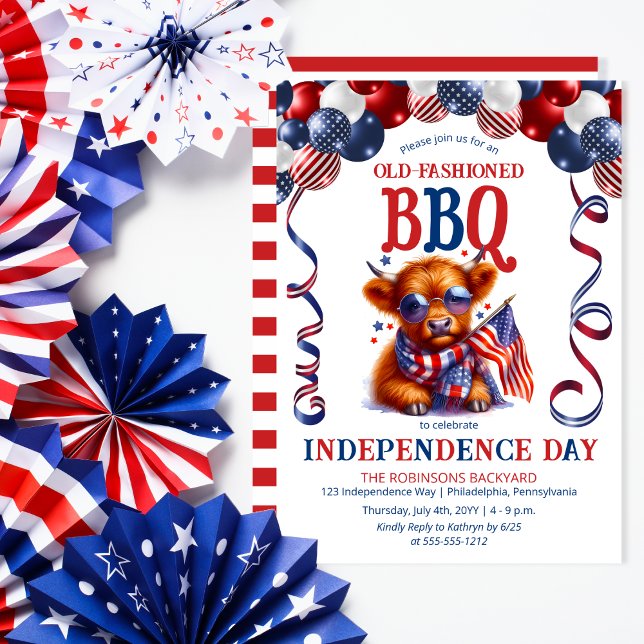 Höglandskö | Solglasögon 4:e juli BBQ Party Inbjudningar (Balloon Arch Cute Cool Highland Cow Calf Sporting Sunglasses Independence Day BBQ July 4 Invitation)
