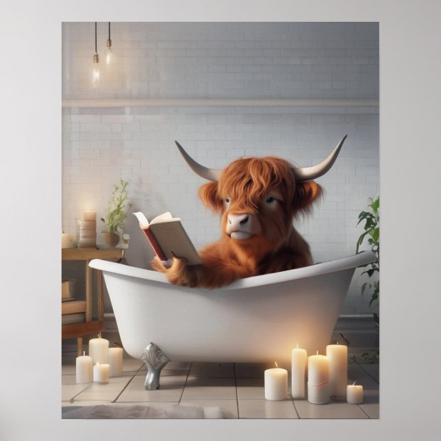 Höglandskon i Bath Tub Funny Bathroom Poster (Framsidan)