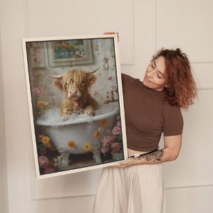 Höglandskon i Blommigt Bathtub Art Canvastryck