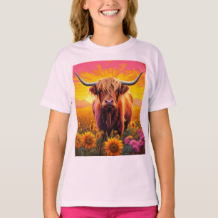Höglandskon i solblommor vid soluppgång t shirt