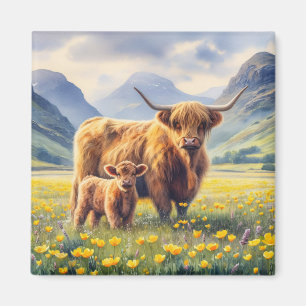 Höglandskon och kalvknapp Fält Magnet