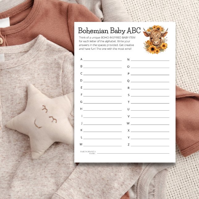 Höglandskort Boho Baby ABC Shower Game Card Inbjudningar (Skapare uppladdad)
