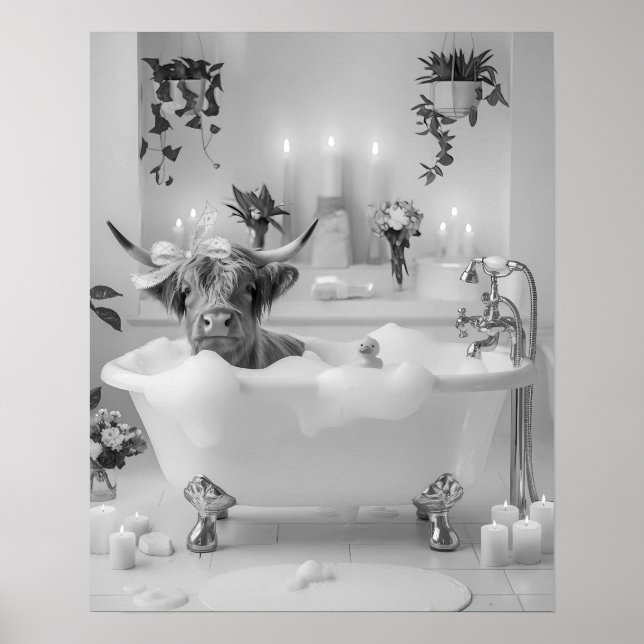 Höglandskund Bubble Bath Bathroom Black and White Poster (Framsidan)